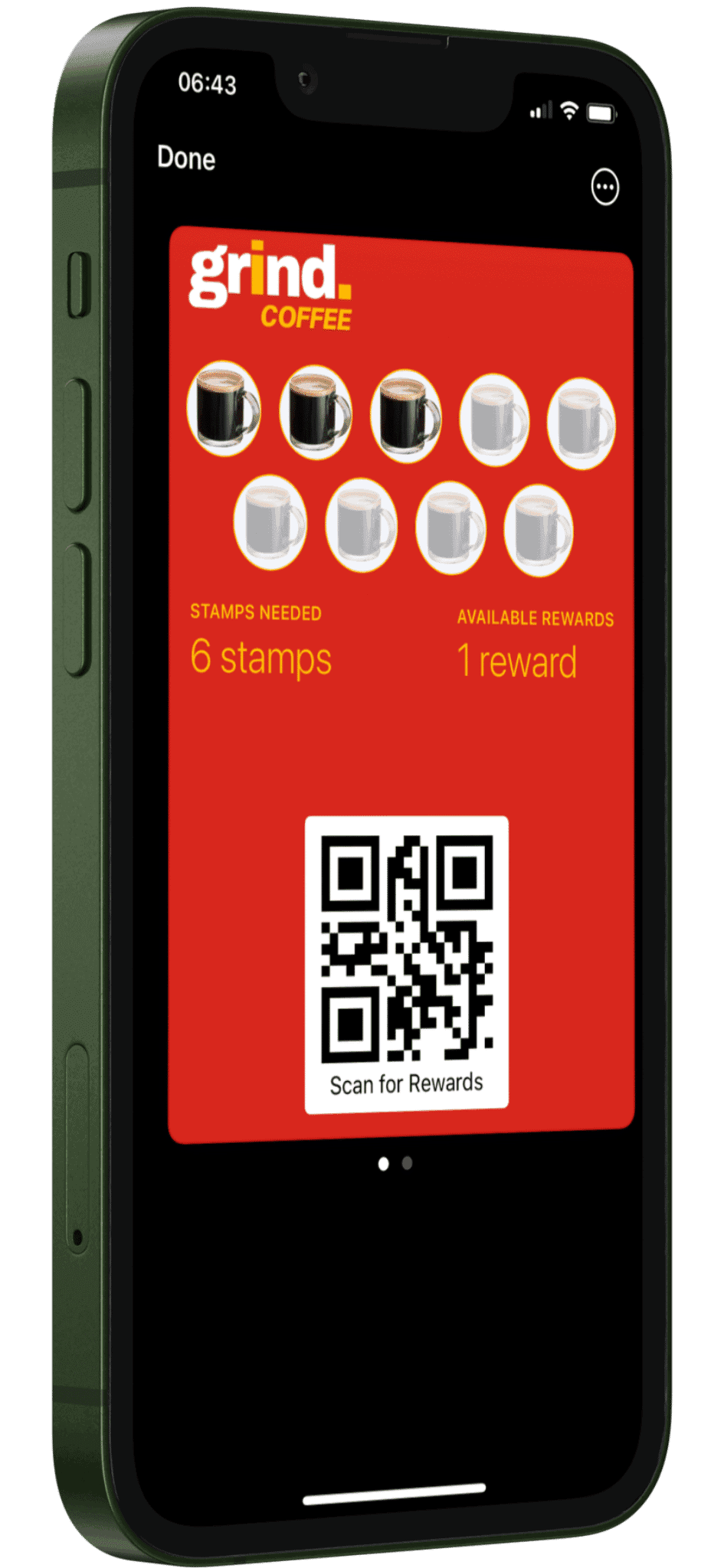 A digital punch card for a coffee shop shown on a smartphone