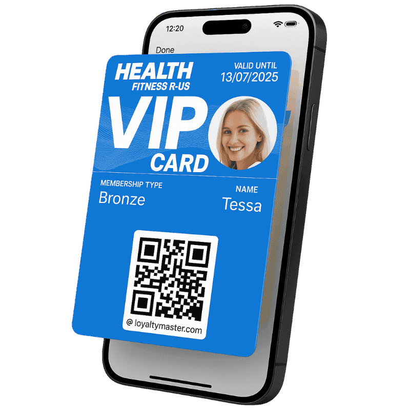 A smartphone showing a branded digital gym membership card from Loyaltymaster