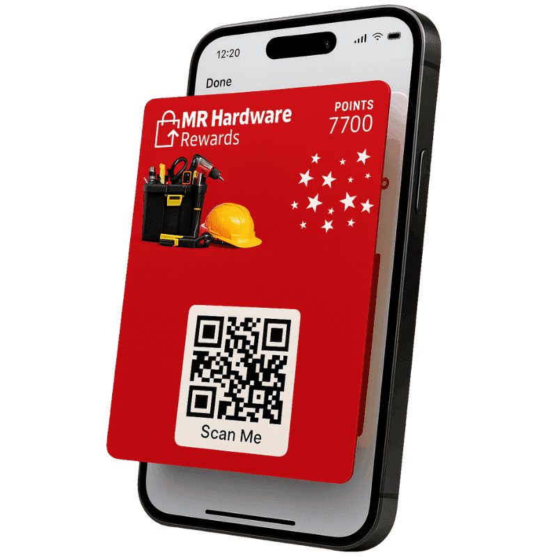 A smartphone showing a Loyaltymaster digital reward card with a QR code on the card