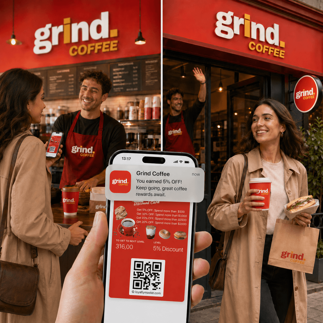 Shop owner serving a customer while she adds the loyalty card to her phone wallet