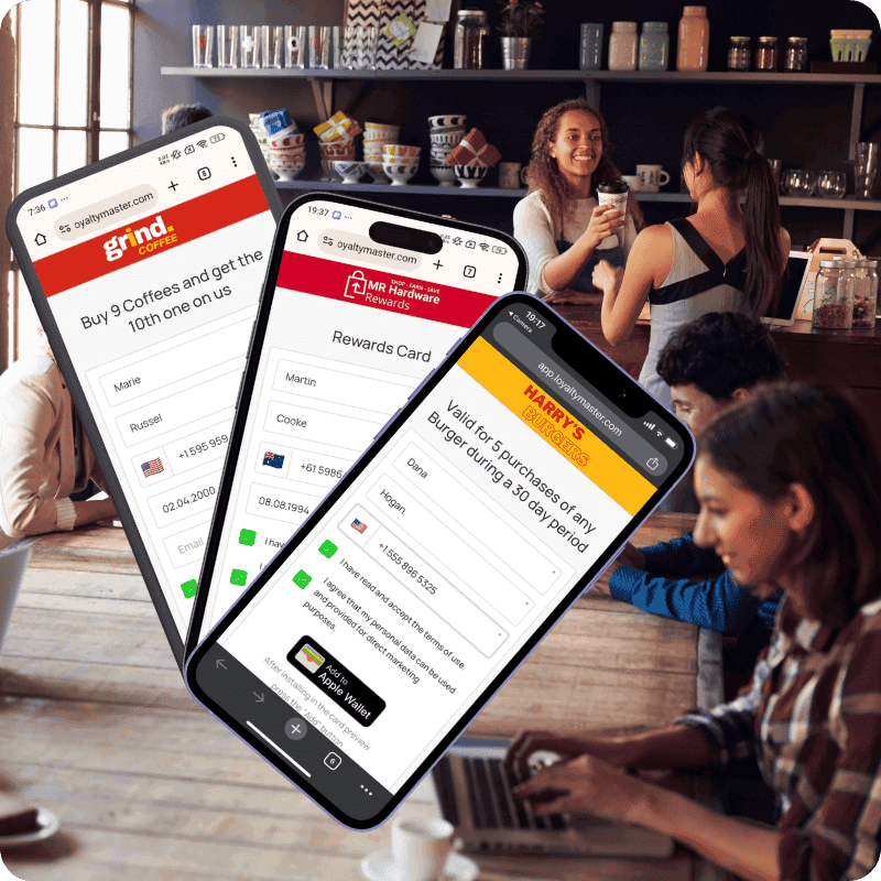 Phone fanning out every Loyaltymaster card type, from stamp card to gift card