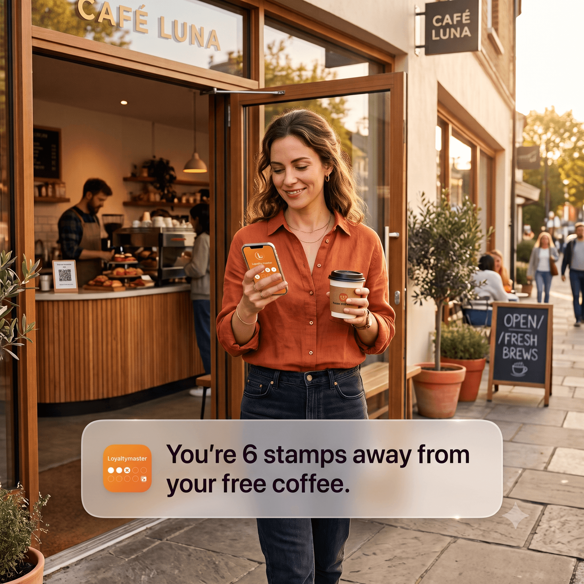 Customer adding a Loyaltymaster loyalty card to their phone wallet at the counter