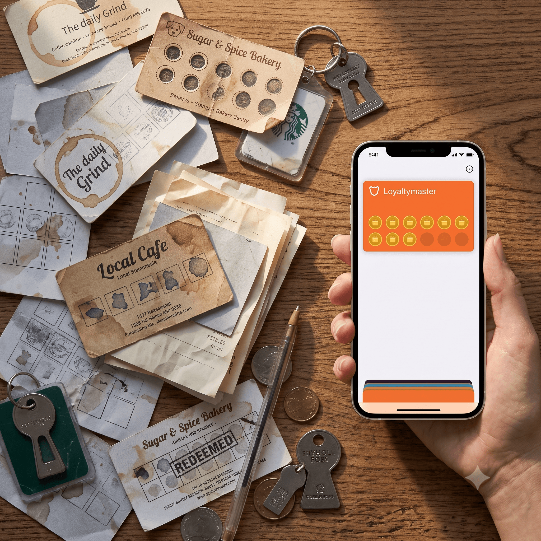 Lost paper stamp cards next to a phone that keeps the loyalty card safe in its wallet