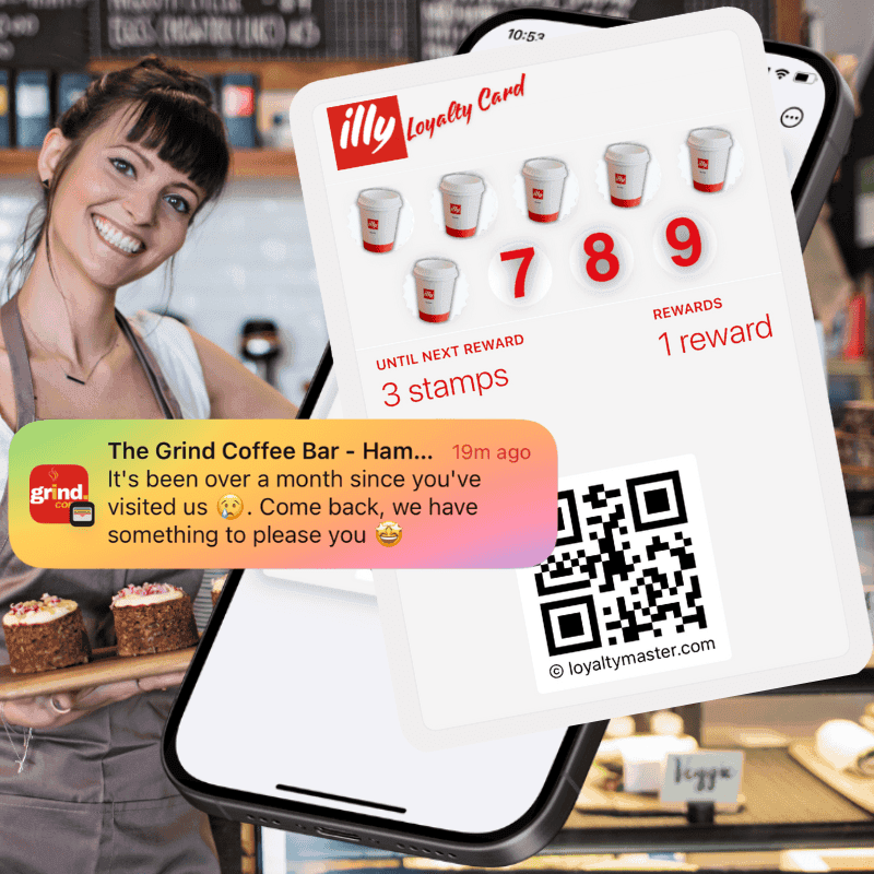 Barista scanning a customer's phone showing her stamp card one stamp away from a reward