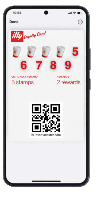 An electronic rewards app on a smartphone screen with stamps and a QR code