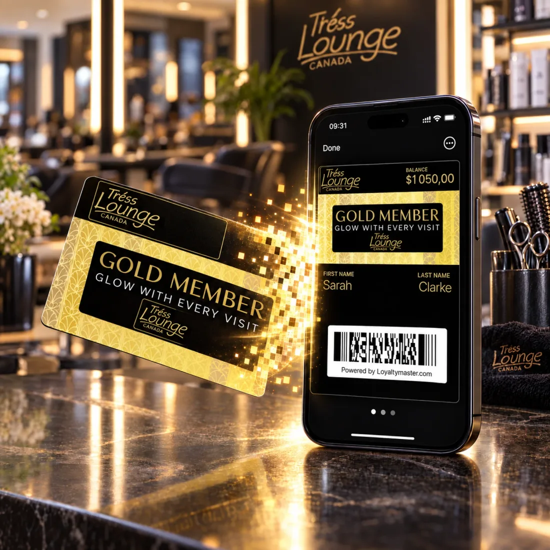 A physical salon gift card dissolving into a digital card on a phone, showing its balance in the wallet