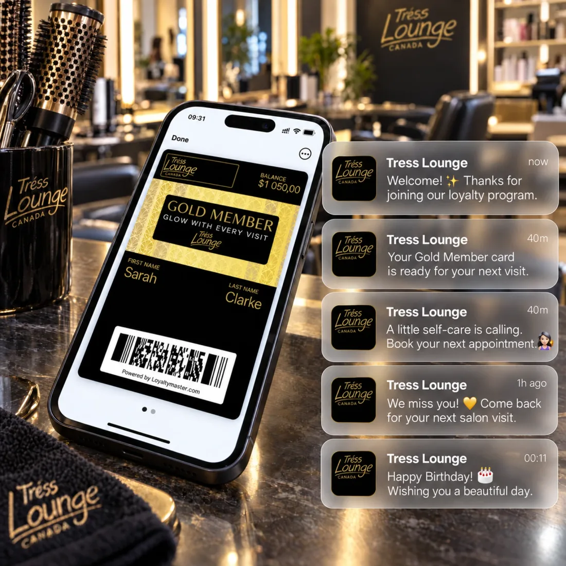 A salon gift card in a phone's wallet beside five push notifications from the salon
