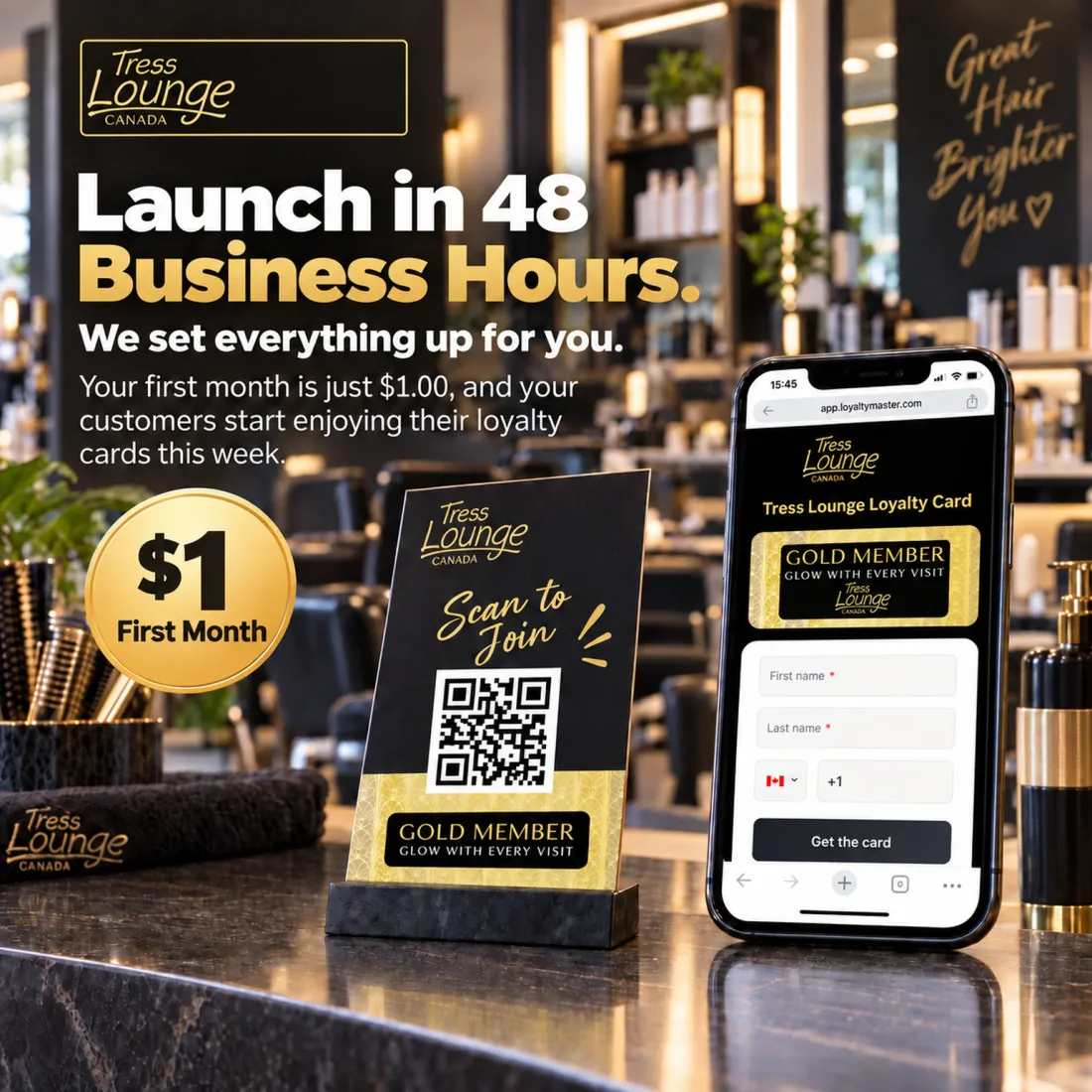 A salon reception counter with a scan-to-join display and a phone showing the branded loyalty card signup screen