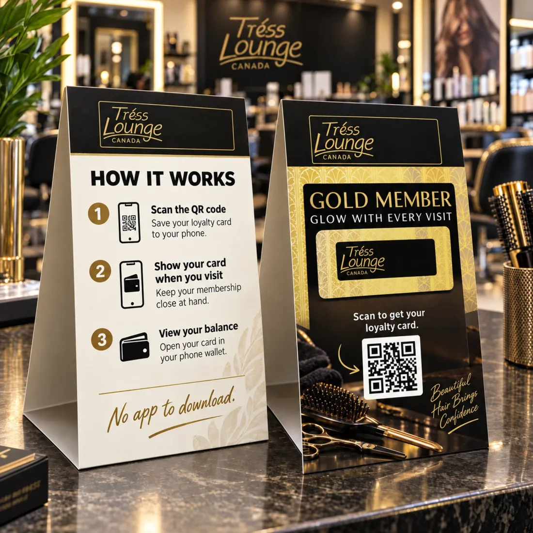 Two salon counter signs: scan the code, save the loyalty card to your phone, no app to download
