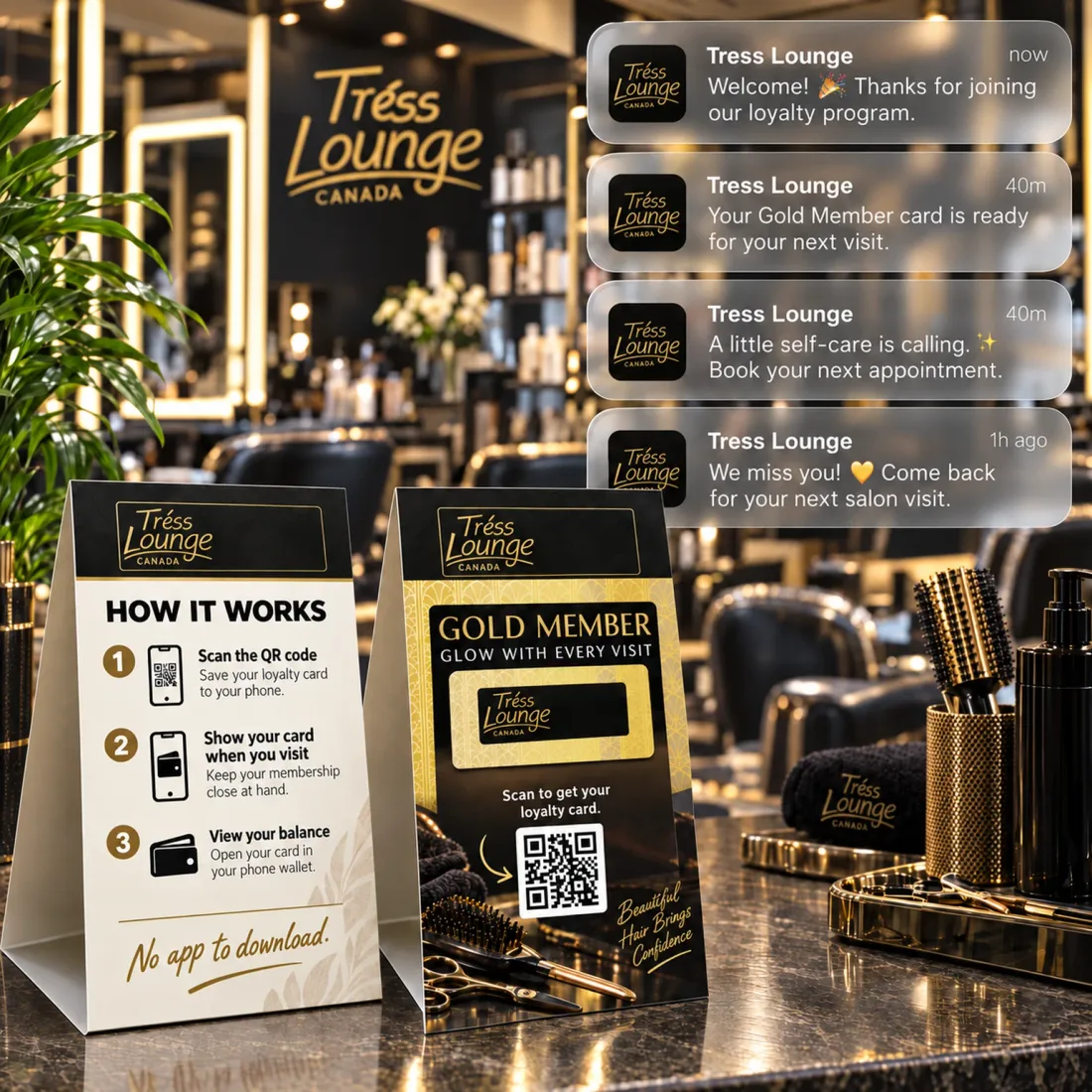 A salon reception counter with loyalty card signs and reminder notifications inviting a client to book again