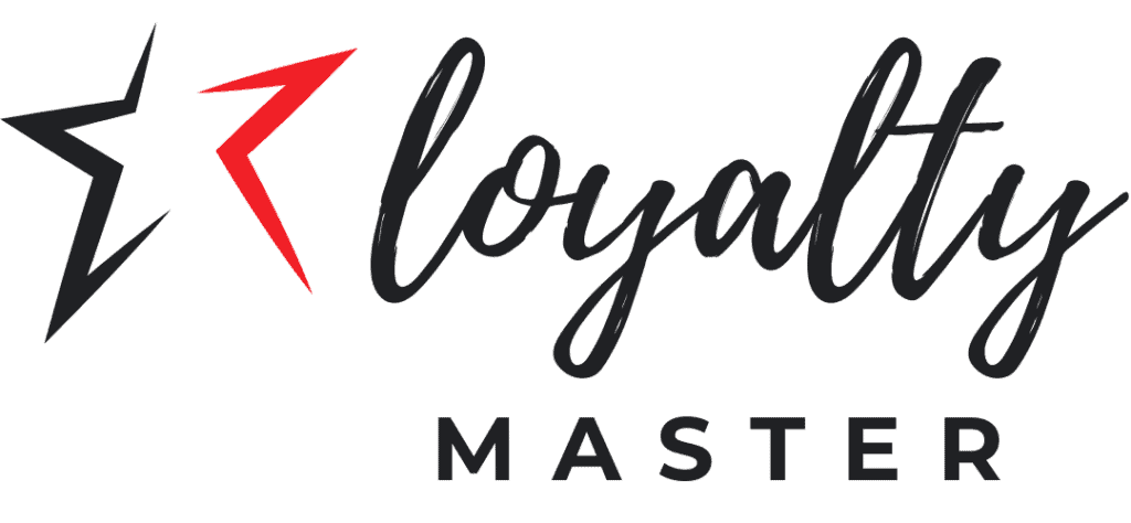 Header logo of Loyalty Master featuring a stylized star in black with a red segment followed by the text loyalty in cursive and MASTER in uppercase sans serif font beneath it ideal for use as a full page elementor widget