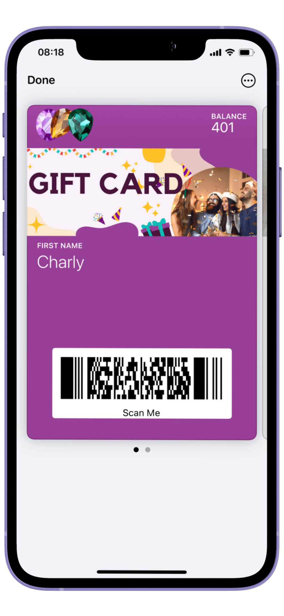 A digital loyalty card with the name "charly" displayed on a smartphone screen.