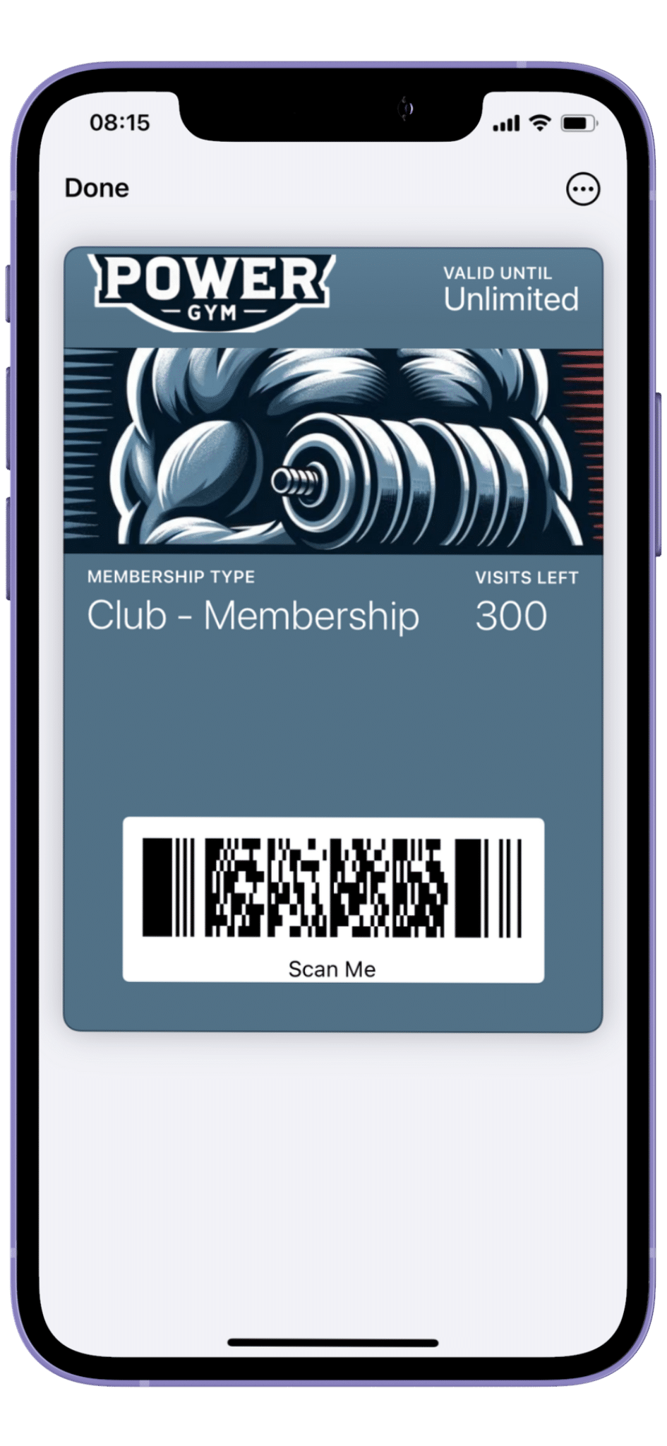 Digital loyalty card displayed on a smartphone screen, indicating a "club - membership" type with 300 visits left.