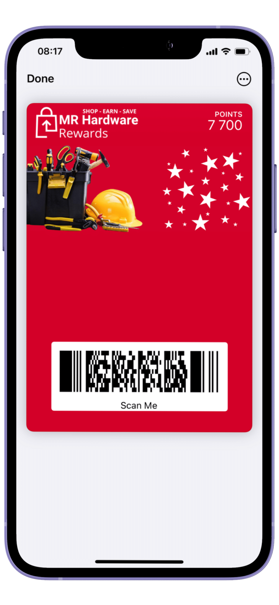 A mobile phone screen displaying a digital loyalty card interface for "mr hardware rewards" with a yellow hard hat and tools, points tally, star ratings, and a scannable barcode.