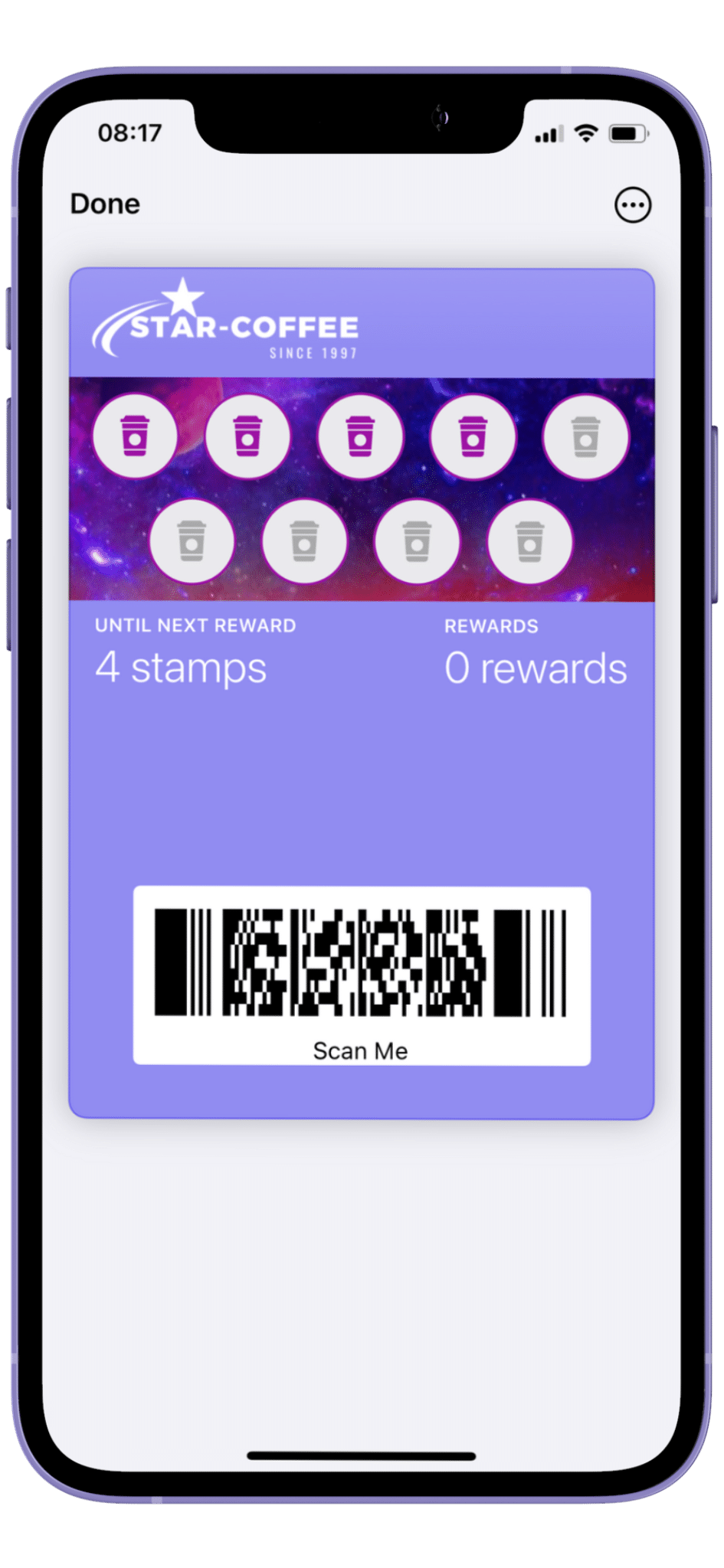 A mobile phone displaying a digital loyalty card app for a coffee shop with a barcode for scanning, indicating 4 stamps collected towards the next reward.
