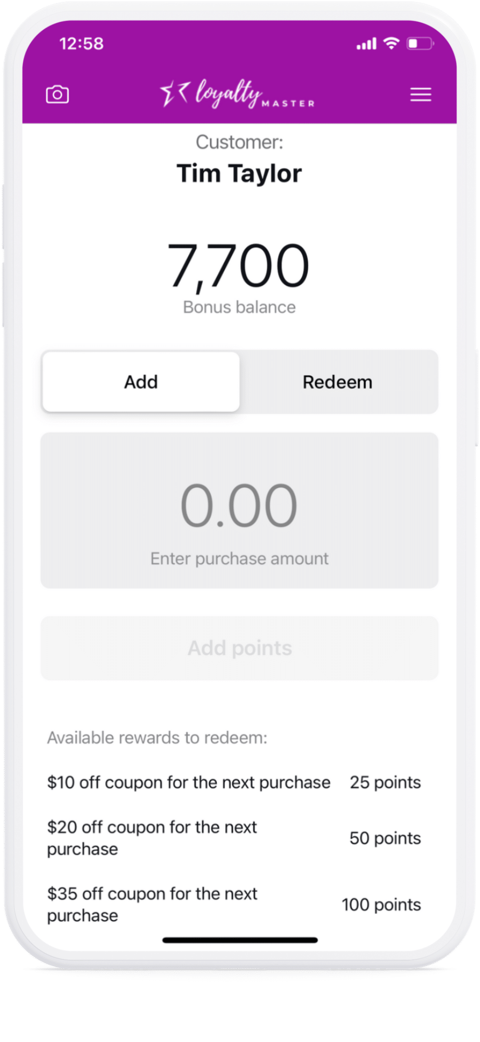 Mobile app screen showing a loyalty account with a points balance and options to add funds or redeem points for coupons.
