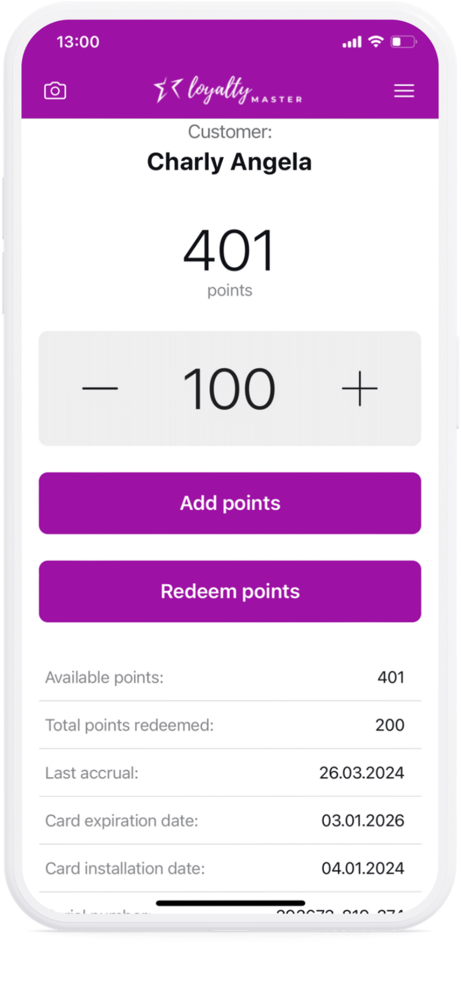 A mobile loyalty program app displaying customer "charly angela" with a balance of 401 points and options to add or redeem points.