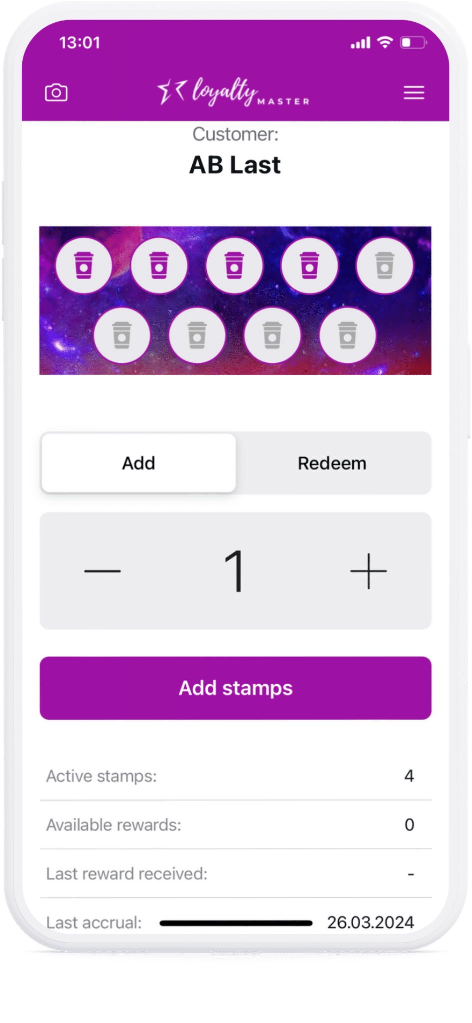 Mobile screen displaying a loyalty card application with options to add or redeem points and a summary of customer's active stamps and last reward received.