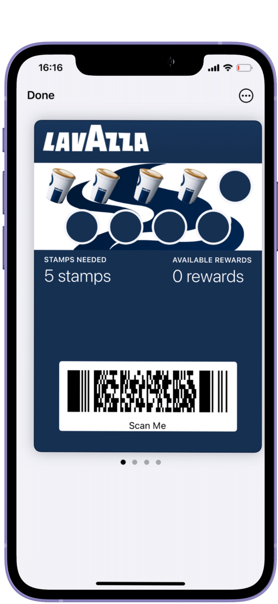 A smartphone screen displaying a lavazza loyalty card app with a barcode and indicating "5 stamps needed" and "0 rewards available".