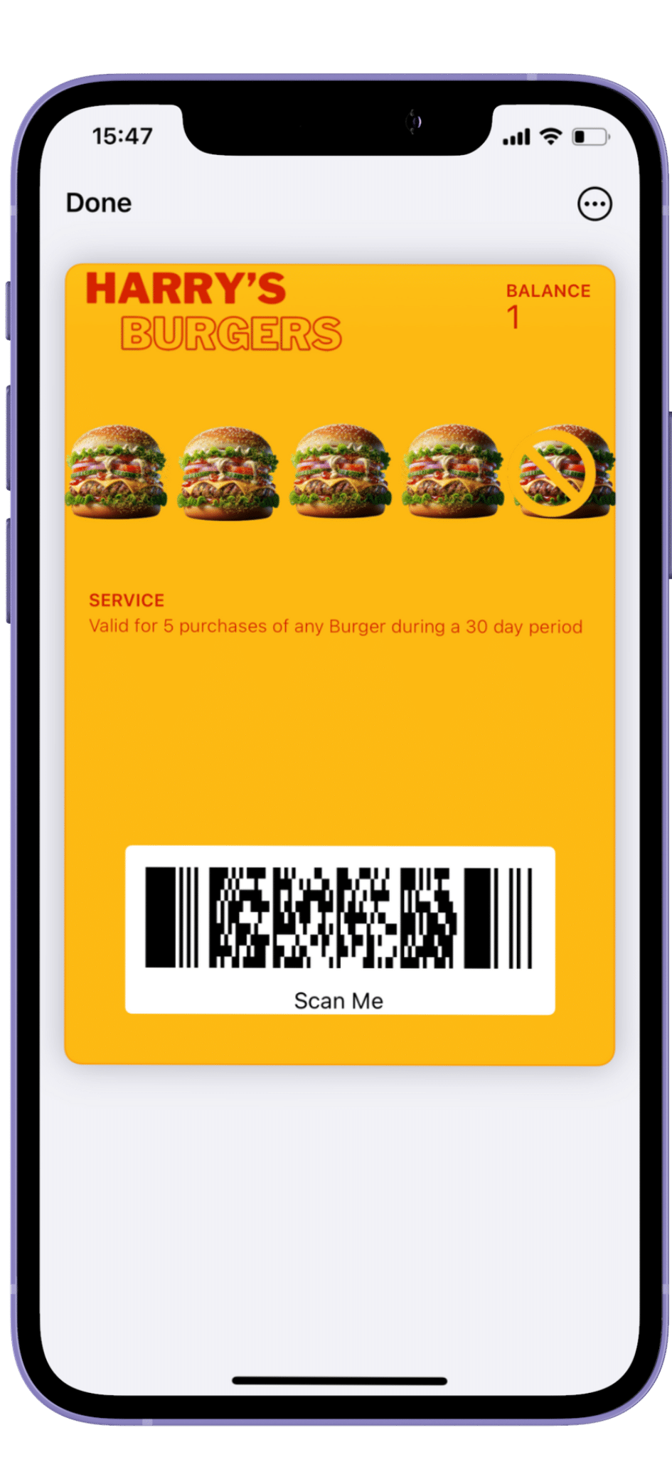 A smartphone displaying a digital loyalty card for harry's burgers with a barcode to be scanned for service offers.