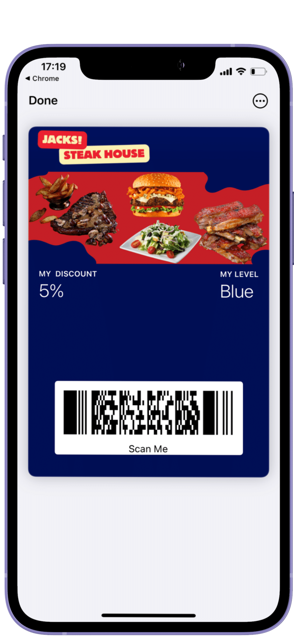 A mobile screen displaying a digital loyalty card for "jack's steak house" with a 5% discount, membership level 'blue,' and a barcode to be scanned.