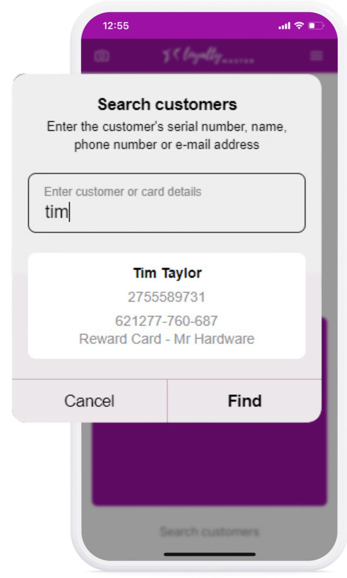 Mobile screen displaying a customer search interface with a field for inputting a name, phone number, or email, and a sample customer detail visible.