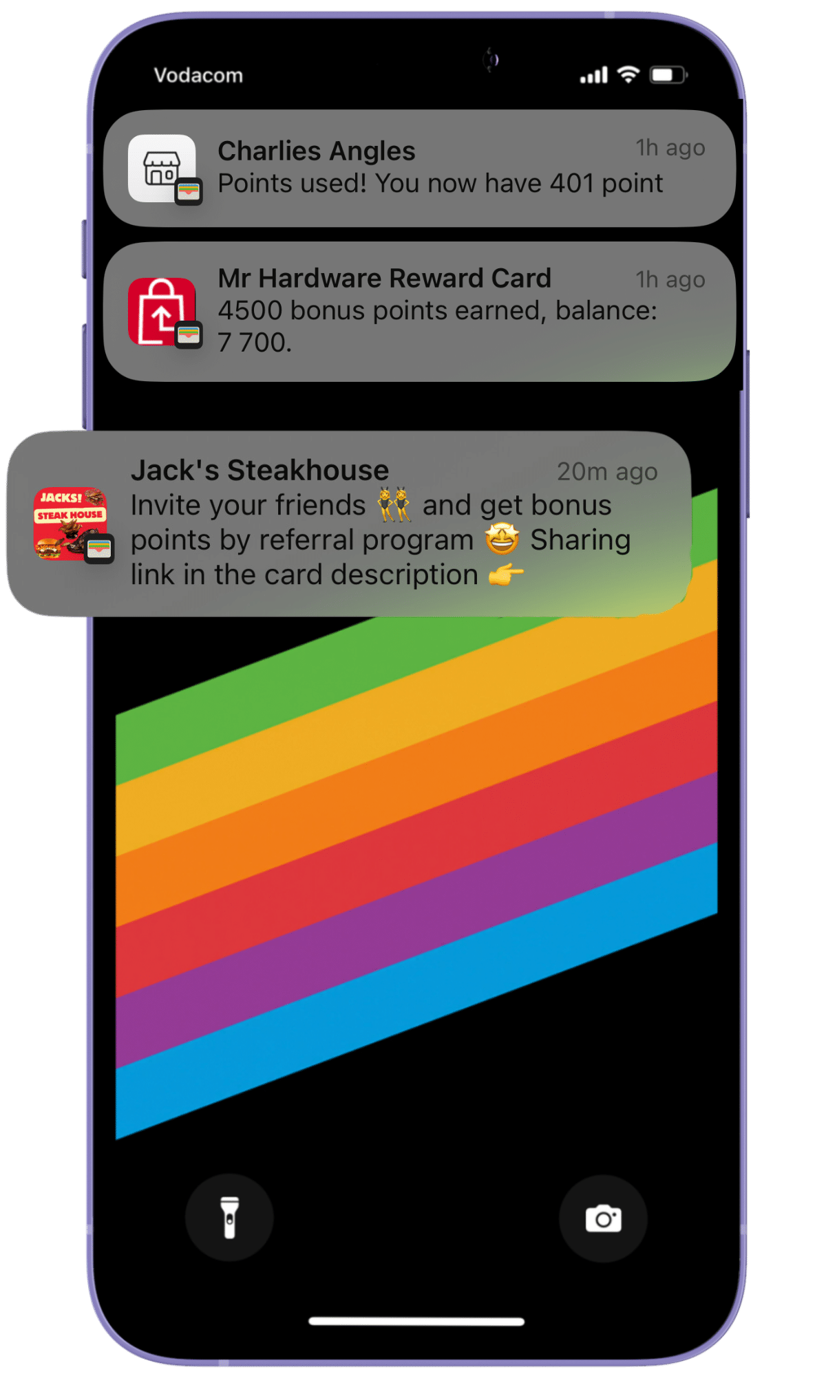Smartphone screen displaying notification push messages from Loyaltymasters about loyalty points and a referral reward.