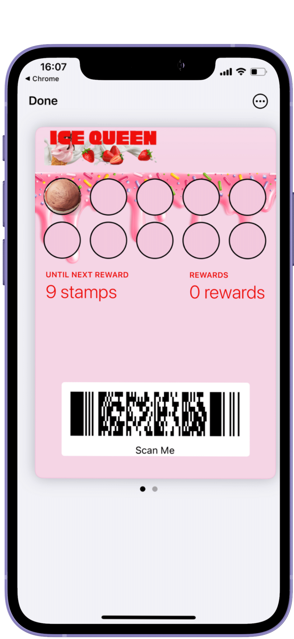 A digital loyalty card on a smartphone app displaying nine stamp slots for "ice queen," with one stamp filled and a barcode for scanning.