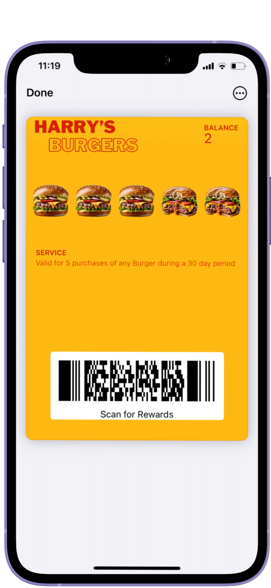 A digital loyalty card on a smartphone screen for "harry's burgers" offering rewards after five purchases, displayed with a barcode and images of burgers.