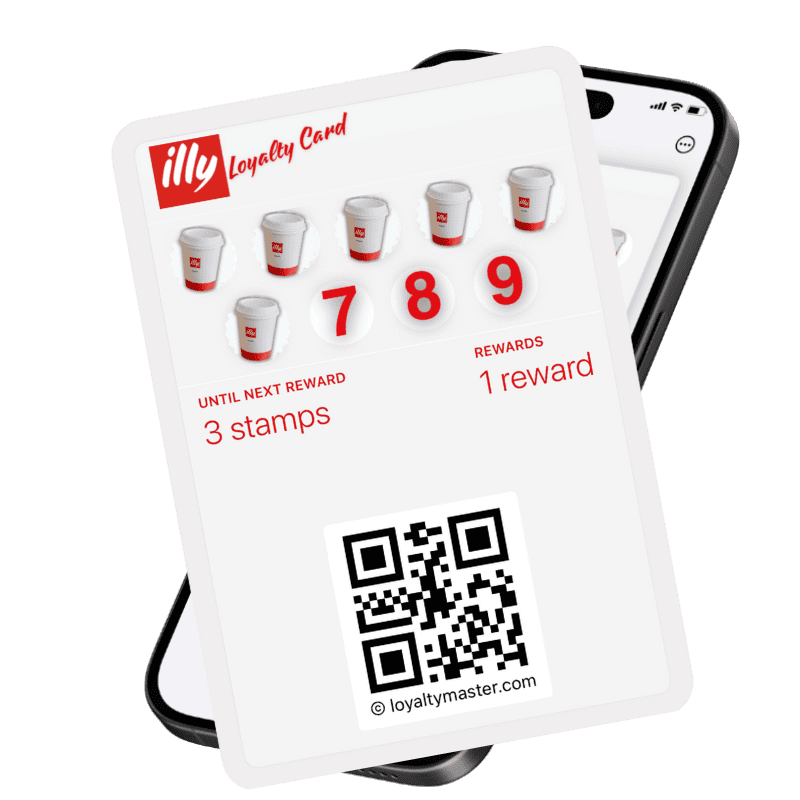 Digital loyalty card with illy logo showing 3 stamps needed for the next reward QR code is visible at the bottom