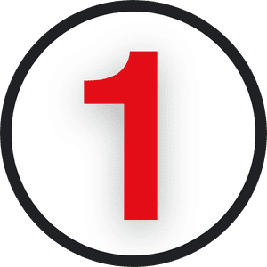 A bold red number one is centered on a white circular background with a black border