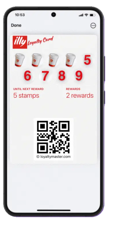 An electronic rewards App on a smartphone screen It displays an illy Digital Loyalty Card with 5 stamps showing 2 rewards and a QR code for loyaltymastercomperfect to get customers fast and attract new customers