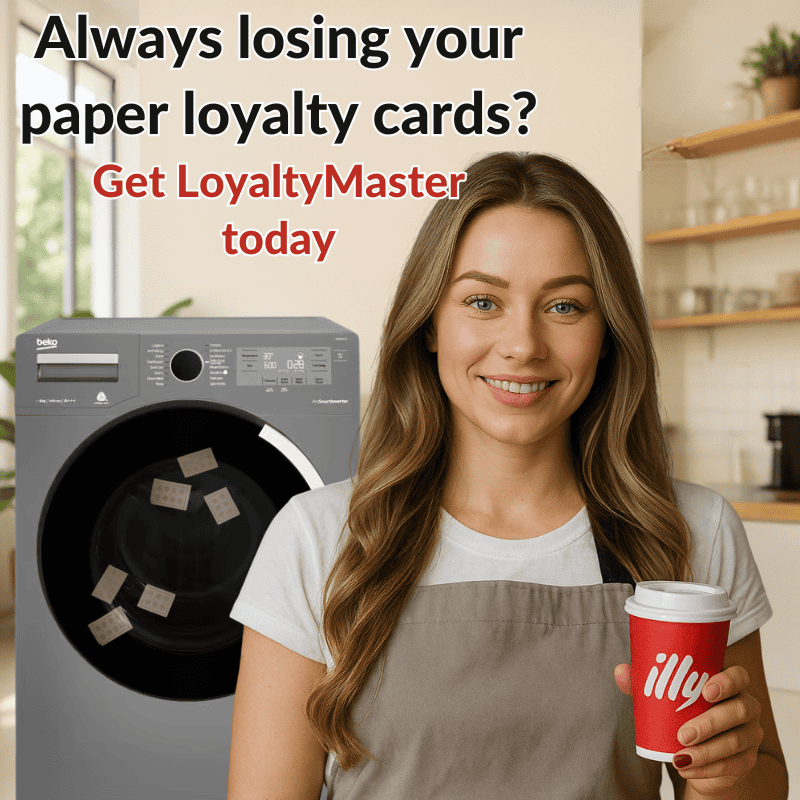 A woman in an apron holds a takeaway coffee cup and stands in a kitchen next to a washing machine filled with paper cards Text above promotes the LoyaltyMaster digital loyalty card as a modern alternative