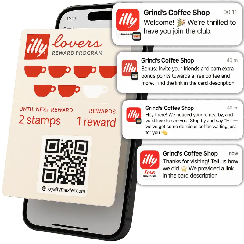 A smartphone displays a digital loyalty card for illy coffee, similar to a stamp card app, along with notifications about joining the rewards program and earning bonuses.