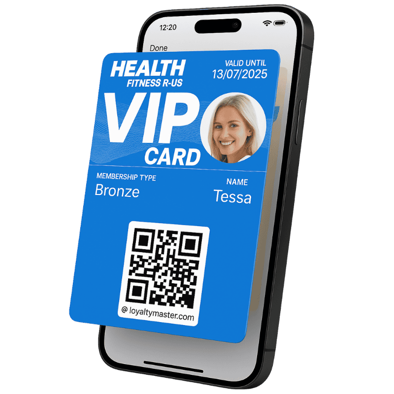 A smartphone displays a digital VIP membership card for Health Fitness R Us showing a photo a QR code and details for a member named Tessa with a bronze status valid until 13072025