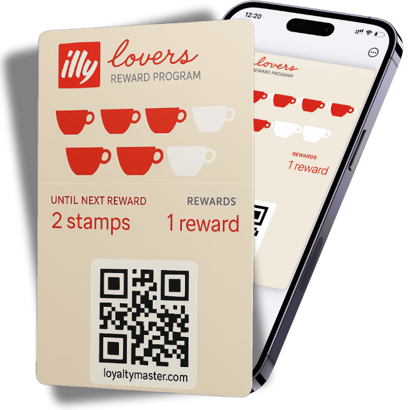 A loyalty card and smartphone displaying the illy lovers reward program with a digital punch card app showing five red coffee cup stamps one blank stamp and a QR code at the bottom
