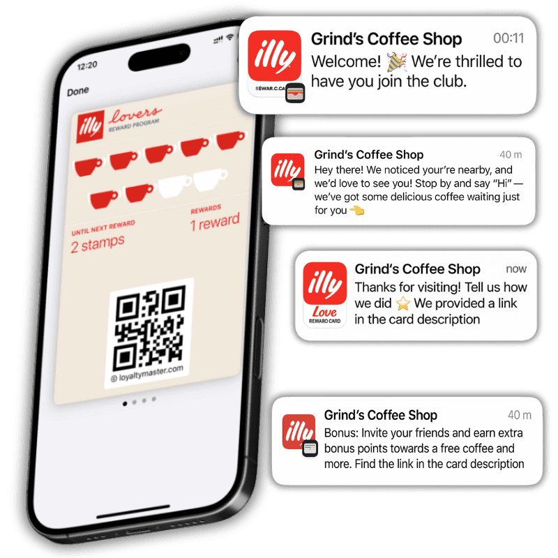 A smartphone displays a digital loyalty card for a coffee shop showing four notification messages about joining rewards feedback and bonus points