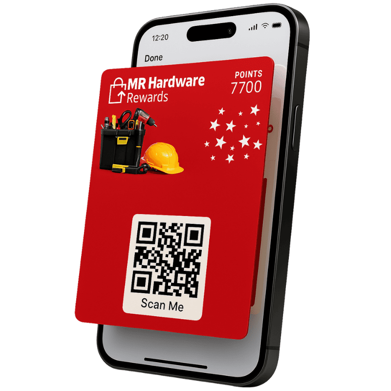 an iPhone displaying a digital reward cards app in use for MR Hardware Rewards on an Apple Wallet