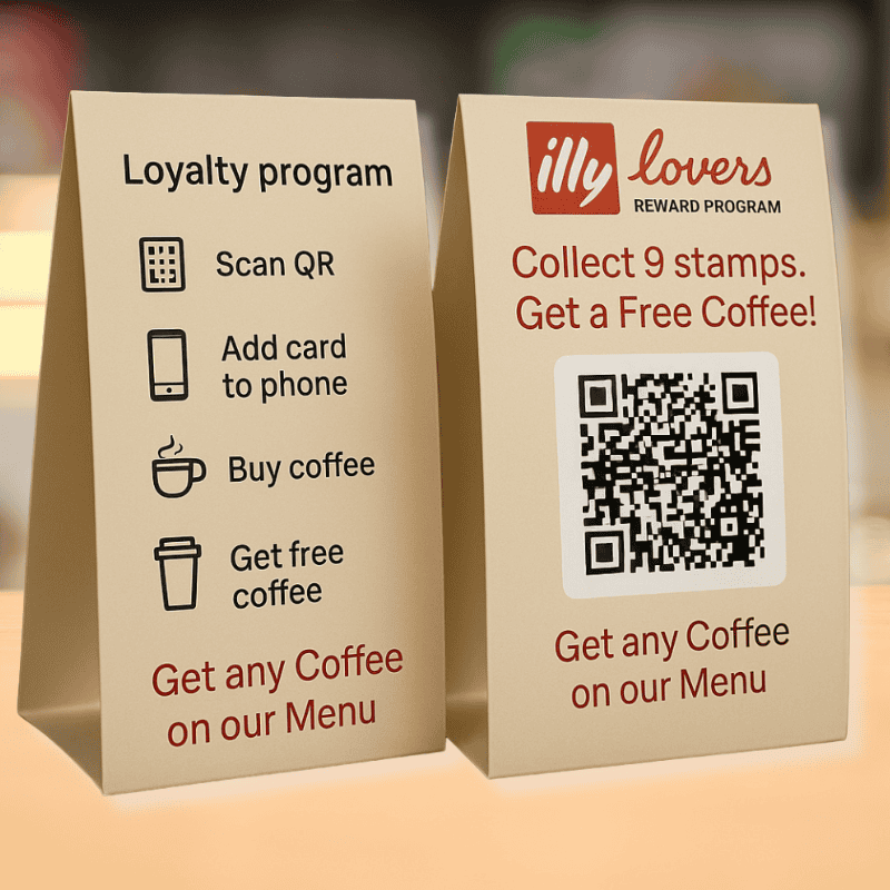 Two table Talkers promote a coffee shop loyalty program featuring a digital loyalty card QR codes steps to join and an offer for a free coffee after collecting nine stamps