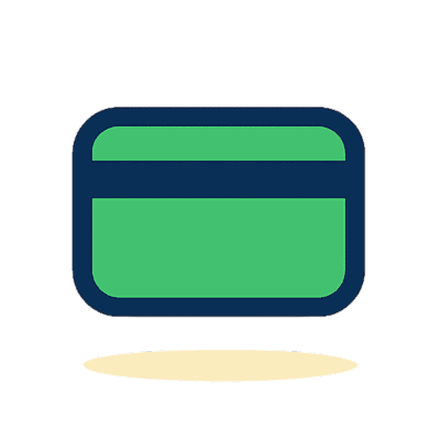Illustration of a green credit card with a dark blue stripe set against a plain background with a shadow beneath it symbolizing access to electronic rewards