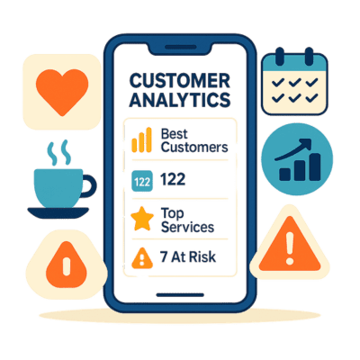 A smartphone displays customer analytics data and electronic rewards surrounded by icons including a heart calendar coffee cup warning symbols and a rising graph