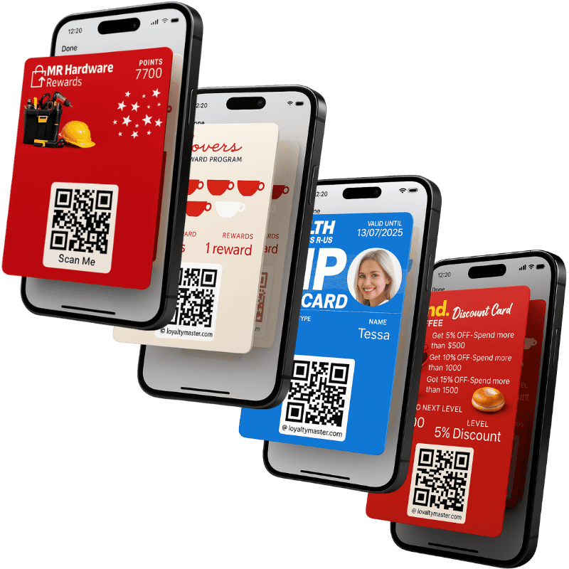 Four smartphones displaying various digital loyalty and rewards cards programs from Loyaltymaster Get All these Features For One Low Monthly Fee