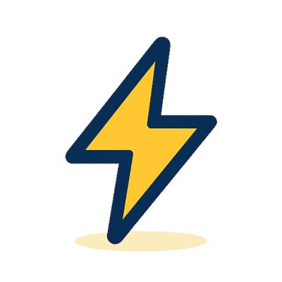A stylized yellow lightning bolt symbolizing electronic rewards is outlined in dark blue with a pale shadow beneath it on a plain background