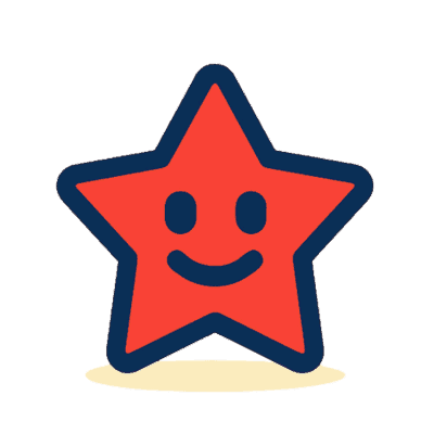 A red star with a thick blue outline and a smiling face symbolizing electronic rewards is placed above a light yellow oval shadow on a white background