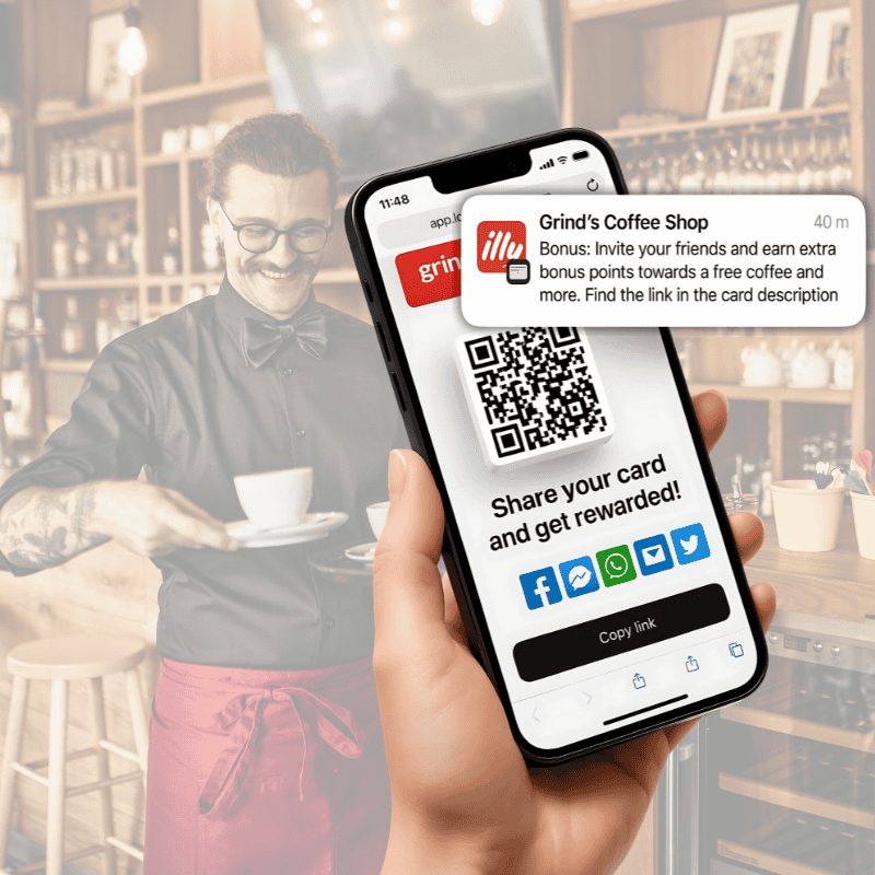A person holds a smartphone displaying a QR code and social media buttons for a coffee shop referral program a barista stands in the background holding a cup