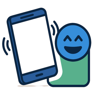 A blue smiling emoji next to a vibrating smartphone both outlined in dark blue represents the excitement of receiving electronic rewards