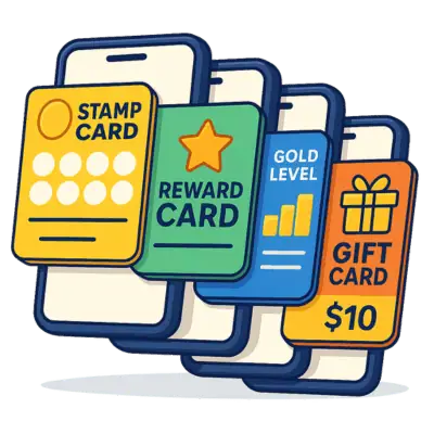 Illustration of four overlapping digital cardsstamp card reward card gold level card and  gift carddisplayed on smartphone screens highlighting the convenience of electronic rewards