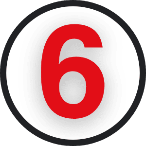 A bold red number 6 centered on a white circular background with a black border perfect for digital stamp cards or paper stamp card rewards from Loyaltymaster